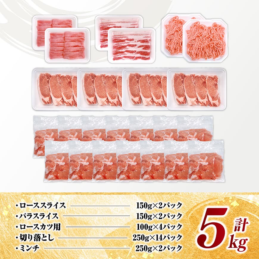 宮崎県産豚肉5種　5kg 【 豚肉 ぶた肉 肉 ロース バラ 切り落とし ミンチ 豚肉セット 】[C11629]