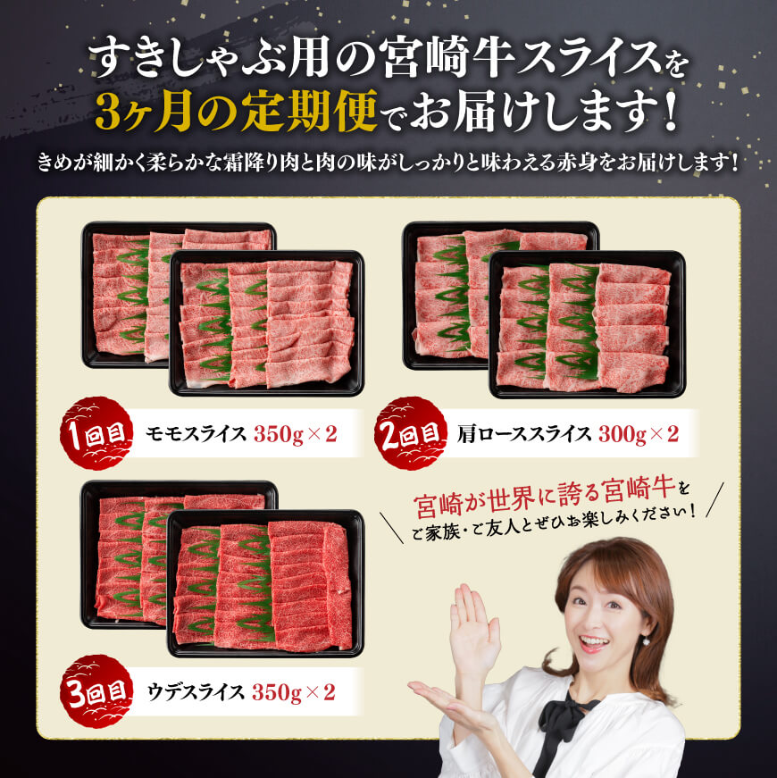 【3ヶ月定期便】宮崎牛すきしゃぶ部位別便 【肉 牛肉 スライス すき焼き しゃぶしゃぶ】 [E11125]