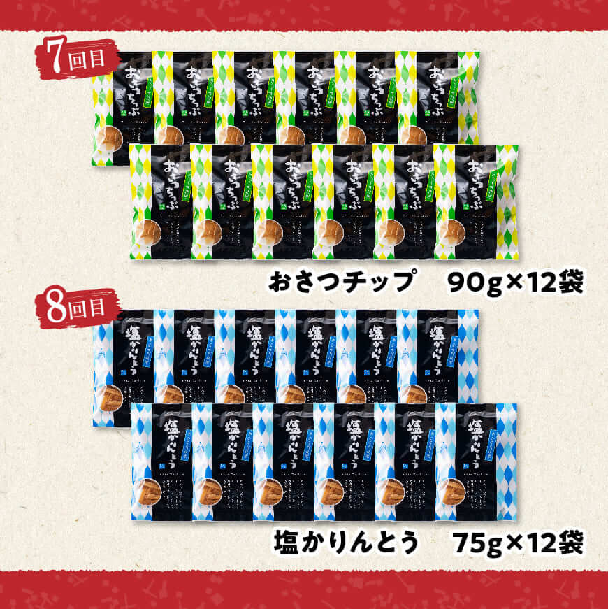 【8ヶ月定期便】芋を使ったお菓子定期便12袋 【芋 さつまいも 宮崎県産 かりんとう おさつチップ お菓子 定期便 】[E11146t8]