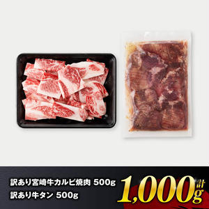 【令和8年2月発送】【訳あり】 宮崎牛カルビ焼肉＆塩だれ牛タン　計1,000g 【 肉 宮崎牛 カルビ 牛肉 牛たん たん 厚切り 塩ダレ 塩だれ タン 味付き BBQ 焼肉 焼き肉 焼くだけ おかず 簡単調理 】 [E11148r802] 【令和8年2月発送】