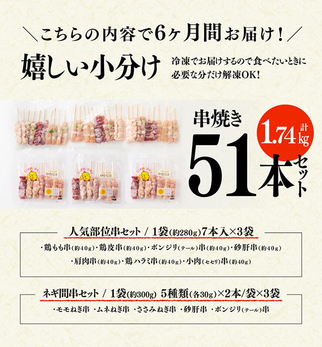 【６ヶ月定期便】 宮崎県産若鶏 やきとり 人気部位串セット＆ネギまセット 計51本【肉 鶏肉 国産 九州産 宮崎県産 若鶏 焼鳥 やきとり BBQ バーベキュー】[D07805t6]