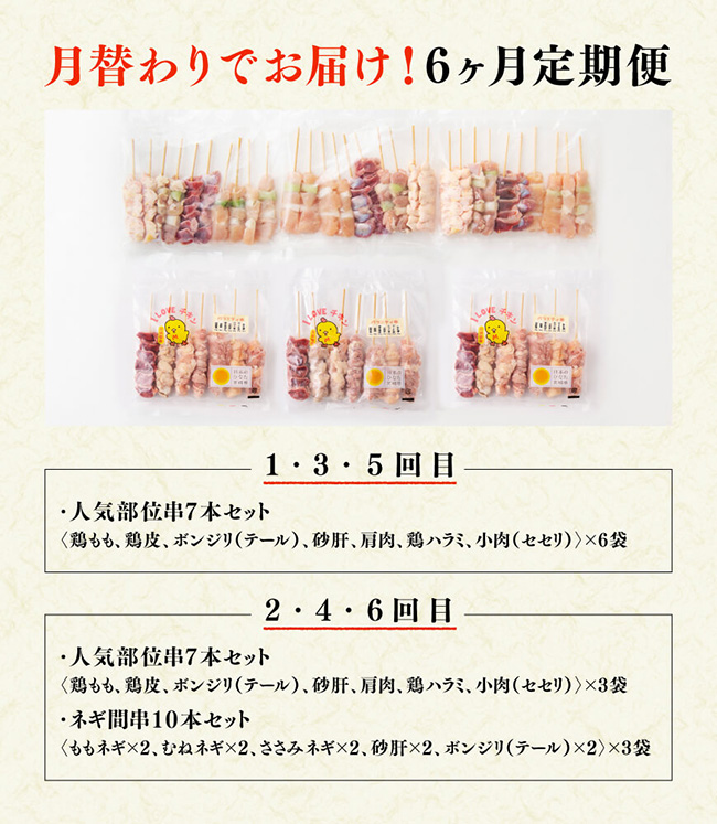 【６ヶ月定期便】宮崎県産若鶏 やきとり 月替わり！ 人気部位＆ネギ間　肉鶏鶏肉とり肉国産鶏肉九州産鶏肉宮崎県産鶏肉若鶏焼鳥やきとりグランピングBBQキャンプ鶏肉送料無料鶏肉 [D07806t6]