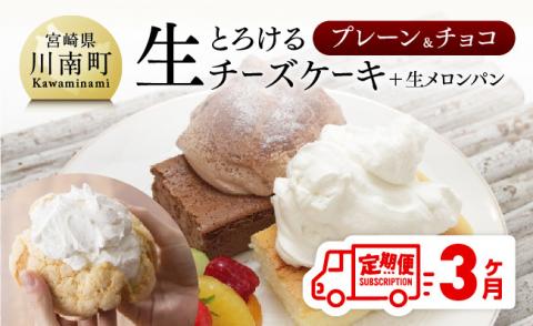 【定期便】とろける生チーズケーキ（プレーン・チョコ）+メロンパン ３ヶ月定期便【スイーツ ケーキ チーズケーキ チョコ 洋菓子 おまけつき 全3回】[G2701]