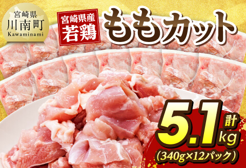 宮崎県産若鶏　ももカット5.1kg（340g×15） 【 鶏肉 もも肉 肉 小分け からあげ チキン南蛮 国産 九州産 宮崎県産  送料無料 】[C07411]