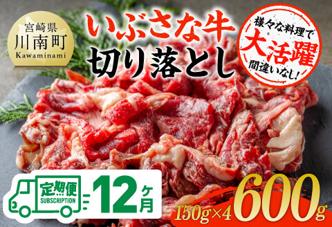 【12ヶ月定期便】いぶさな牛切り落とし 600g (150ｇ×4パック) 【 宮崎県産 牛 焼肉 黒毛和牛 定期便 】[D05305t12]
