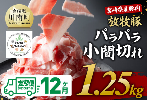 【12ヶ月定期便】宮崎県産豚肉　放牧豚パラパラ小間切れ1.25kg（250g×5袋）【 豚肉 豚 肉 小間切れ 細切れ 炒め物 】[C08104t12]
