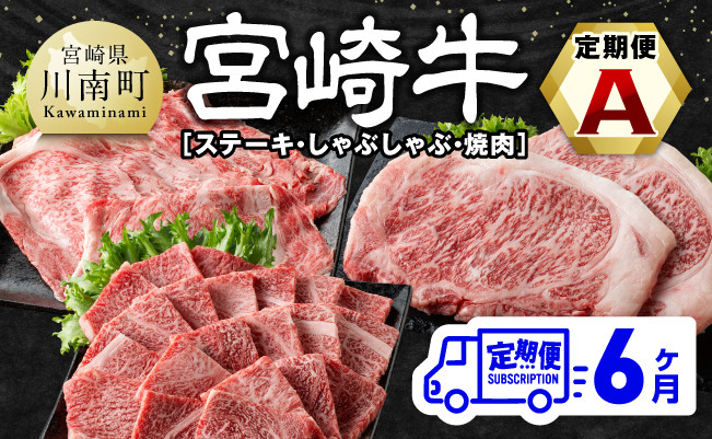 【6ヶ月定期便】宮崎牛定期便A（ステーキ・しゃぶしゃぶ・焼肉）全6回　牛肉[E11133t6]