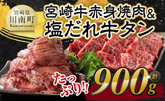 【令和8年2月発送】宮崎牛赤身焼肉＆塩だれ牛タン　計900g 【 肉 宮崎牛 赤身 牛肉 牛たん たん 厚切り 塩ダレ 塩だれ タン 味付き BBQ 焼肉 焼き肉 焼くだけ おかず 簡単調理 】 [E11147r802] 【令和8年2月発送】