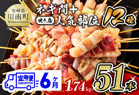 【６ヶ月定期便】 宮崎県産若鶏 やきとり 人気部位串セット＆ネギまセット 計51本【肉 鶏肉 国産 九州産 宮崎県産 若鶏 焼鳥 やきとり BBQ バーベキュー】[D07805t6]