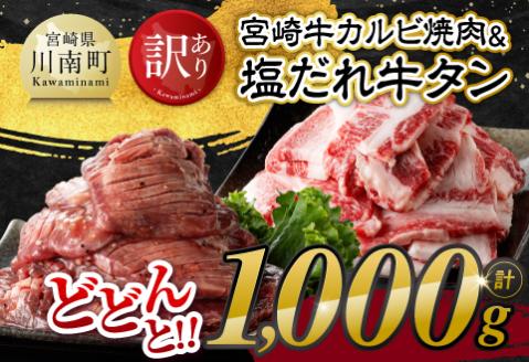 【令和8年1月発送】【訳あり】 宮崎牛カルビ焼肉＆塩だれ牛タン　計1,000g 【 肉 宮崎牛 カルビ 牛肉 牛たん たん 厚切り 塩ダレ 塩だれ タン 味付き BBQ 焼肉 焼き肉 焼くだけ おかず 簡単調理 】 [E11148r801]