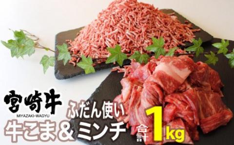 宮崎牛 こま肉&ミンチセット 1kg 牛肉[G7409]