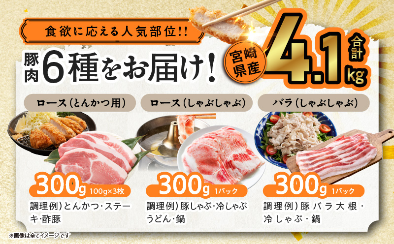 宮崎県産豚肉6種盛り合わせセット(合計4.1kg)_T030-204【肉 豚 豚肉 おかず 国産 人気 ギフト 食品 お肉 焼き肉 BBQ お土産 贈り物 送料無料 プレゼント】