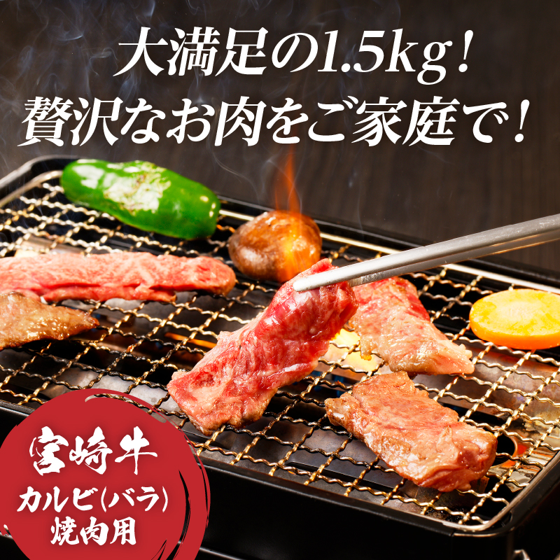 全部小分け真空パック!!「宮崎牛カルビ(バラ)焼肉用」計1.5kg_T041-0082【肉 牛 牛肉 おかず 国産 人気 ギフト 食品 お肉 焼き肉 BBQ お土産 贈り物 送料無料 プレゼント】