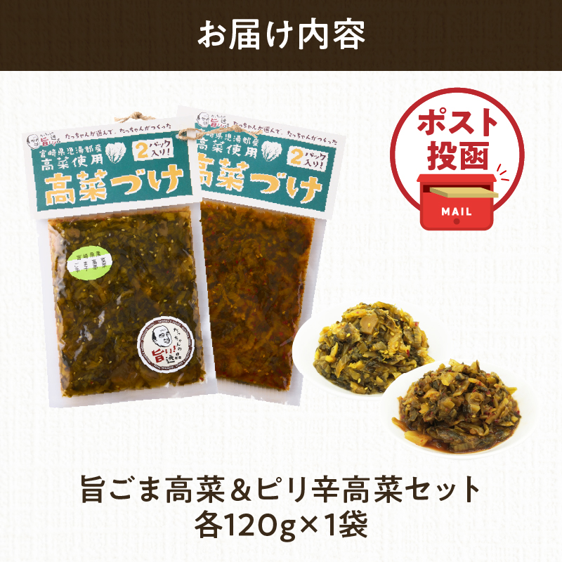 ＼ポスト投函／旨ごま高菜＆ピリ辛高菜セット 計2袋(各120g)_T025-026【漬物 おかず 野菜 加工品 国産 人気 ギフト おかず 食品 つけもの 和食 ご飯 贈り物 送料無料 プレゼント】