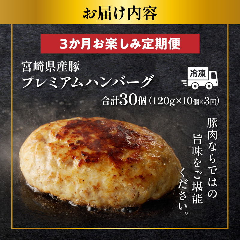 ≪3か月お楽しみ定期便≫宮崎県産豚プレミアムハンバーグ(合計30個) _T001-0171 【肉 豚肉 加工品 国産 人気 ギフト 食品 おかず 自家製 お土産 贈り物 送料無料 プレゼント】