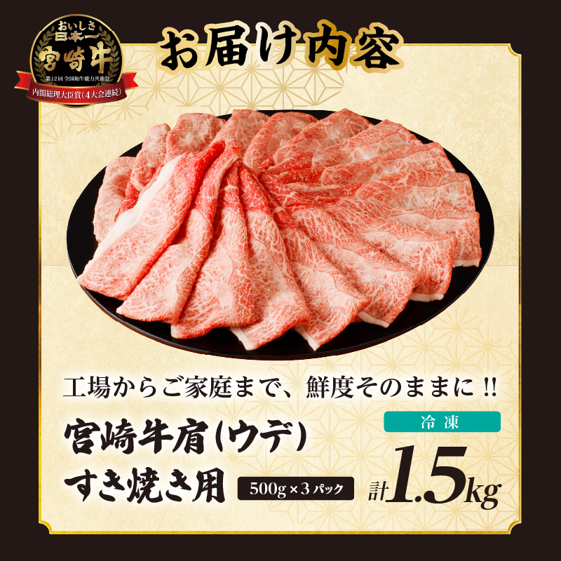 「宮崎牛肩(ウデ)すき焼き用」計1.5kg_T009-0162【肉 牛 牛肉 おかず 国産 人気 ギフト 食品 すきやき しゃぶしゃぶ BBQ 贈り物 送料無料 プレゼント】