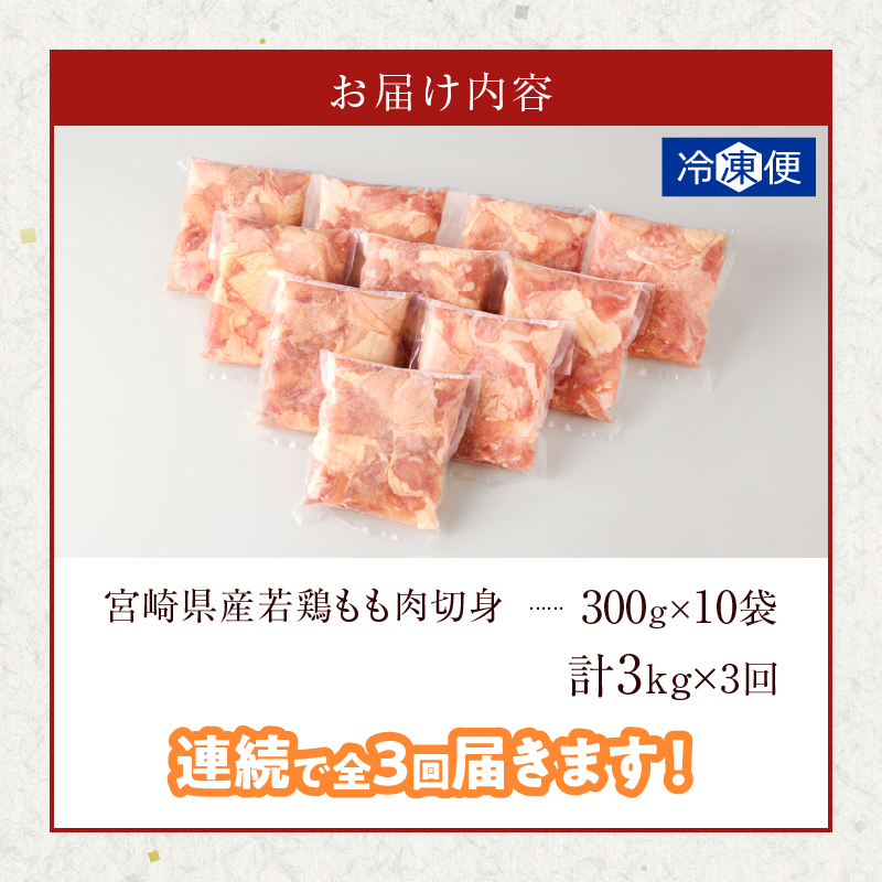 《連続3回定期便》宮崎県産若鶏もも肉切身(総重量9kg)_T017-0081【都農町新着 肉 鶏 鶏肉 国産 人気 ギフト おかず 食品 お肉 チキン 小分け 贈り物 送料無料 プレゼント】