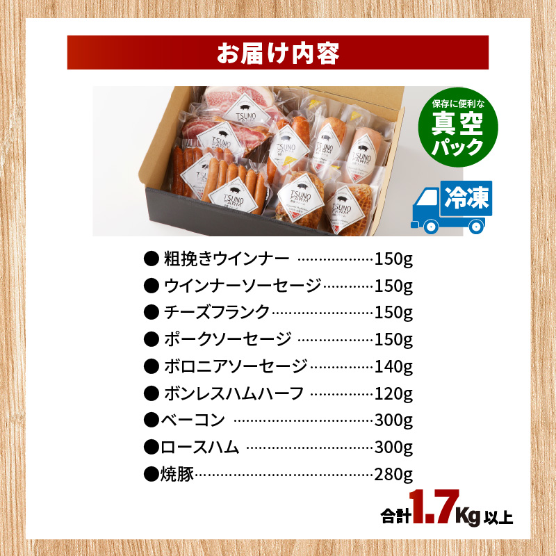 都農ファーム厳選「ウインナー・ハム9点セット」合計1.7kg以上_T020-0021【肉 豚 豚肉 おかず 国産 人気 ギフト 食品 お肉 加工品 惣菜 お土産 贈り物 送料無料 プレゼント】