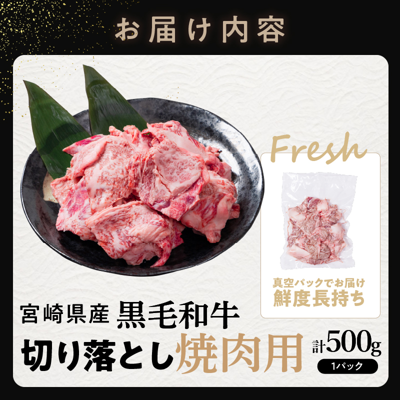 【2週間以内発送】宮崎県産黒毛和牛切り落とし(焼肉用)計500g_T023-0161【肉 牛 牛肉 国産 人気 ギフト おかず 食品 お肉 おかず BBQ 贈り物 送料無料 プレゼント】