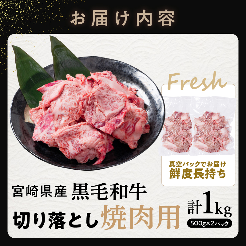 【2週間以内発送】宮崎県産黒毛和牛切り落とし(焼肉用)計1kg_T023-0171【肉 牛 牛肉 国産 人気 ギフト おかず 食品 お肉 おかず BBQ 贈り物 送料無料 プレゼント】