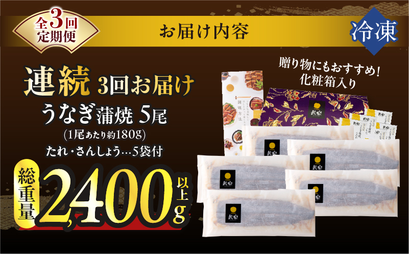 【3回連続定期便】うなぎ蒲焼5尾(さんしょう・たれ付き)総重量2400g以上_T026-0032-R【鰻 魚 魚介 加工品 国産 人気 ギフト 食品 おかず 惣菜 高級 お土産 贈り物 送料無料 プレゼント】