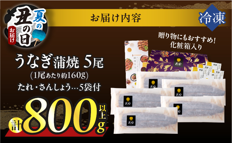【夏の丑の日までにお届け!!】うなぎ蒲焼5尾(さんしょう・たれ付き)計800g以上_T026-0032-US2【鰻 魚 魚介 加工品 国産 人気 ギフト 食品 おかず 惣菜 高級 お土産 贈り物 送料無料 プレゼント】