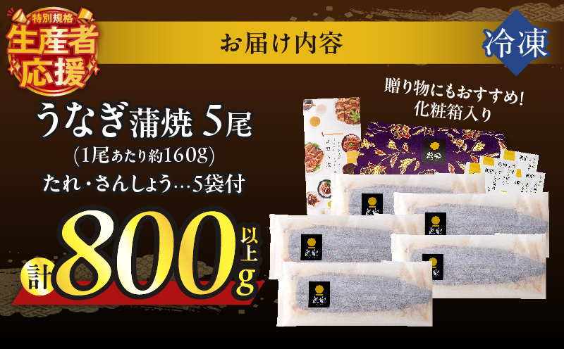 【年内発送】【数量・期間限定 特別規格】うなぎ蒲焼5尾(さんしょう・たれ付き)計800g以上_T026-0032-12【鰻 魚 魚介 加工品 国産 人気 ギフト 食品 おかず 惣菜 高級 お土産 贈り物 送料無料 プレゼント】