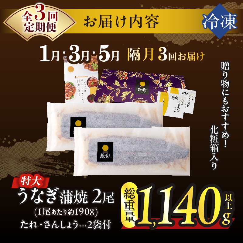 先行予約≪隔月定期便全3回≫1月・3月・5月お届け!!うなぎ蒲焼特大2尾(総重量1140g以上) _T026-0073【鰻 魚 魚介 加工品 国産 人気 ギフト 食品 おかず 惣菜 高級 お土産 贈り物 送料無料 プレゼント】