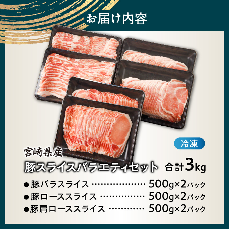 宮崎県産豚スライスバラエティセット(バラ・ロース・肩ロース)合計3kg_T030-0873【肉 豚 豚肉 おかず 国産 人気 ギフト 食品 お肉 しゃぶしゃぶ 贈り物 お土産 送料無料 プレゼント】
