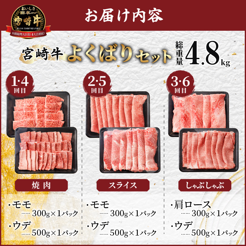 6か月お楽しみ定期便『宮崎牛よくばりセット』総重量4.8kg_T030-1843【肉 牛 牛肉 おかず 国産 人気 ギフト 食品 すき焼き しゃぶしゃぶ 焼肉 BBQ 送料無料 プレゼント】