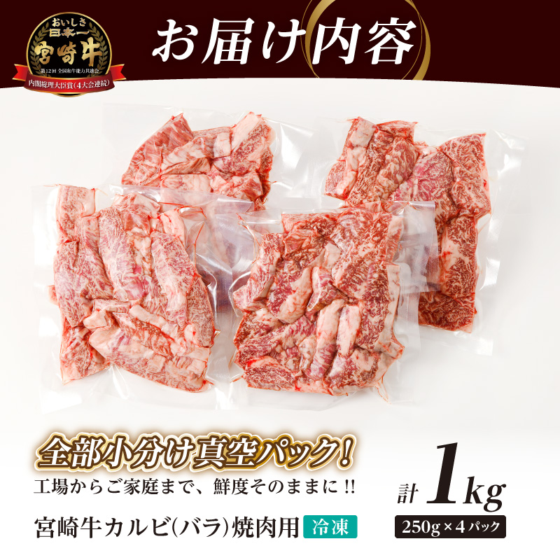 全部小分け真空パック!!「宮崎牛カルビ(バラ)焼肉用」計1kg_T041-0072【肉 牛 牛肉 おかず 国産 人気 ギフト 食品 お肉 焼き肉 BBQ お土産 贈り物 送料無料 プレゼント】
