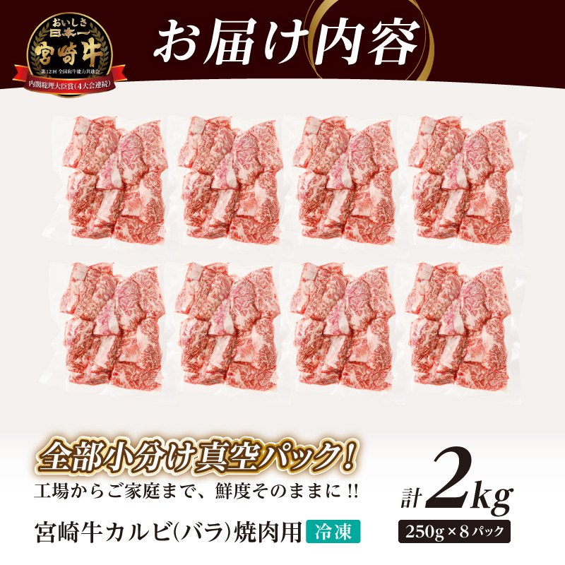全部小分け真空パック!!「宮崎牛カルビ(バラ)焼肉用」計2kg_T041-0092【肉 牛 牛肉 おかず 国産 人気 ギフト 食品 お肉 焼き肉 BBQ お土産 贈り物 送料無料 プレゼント】