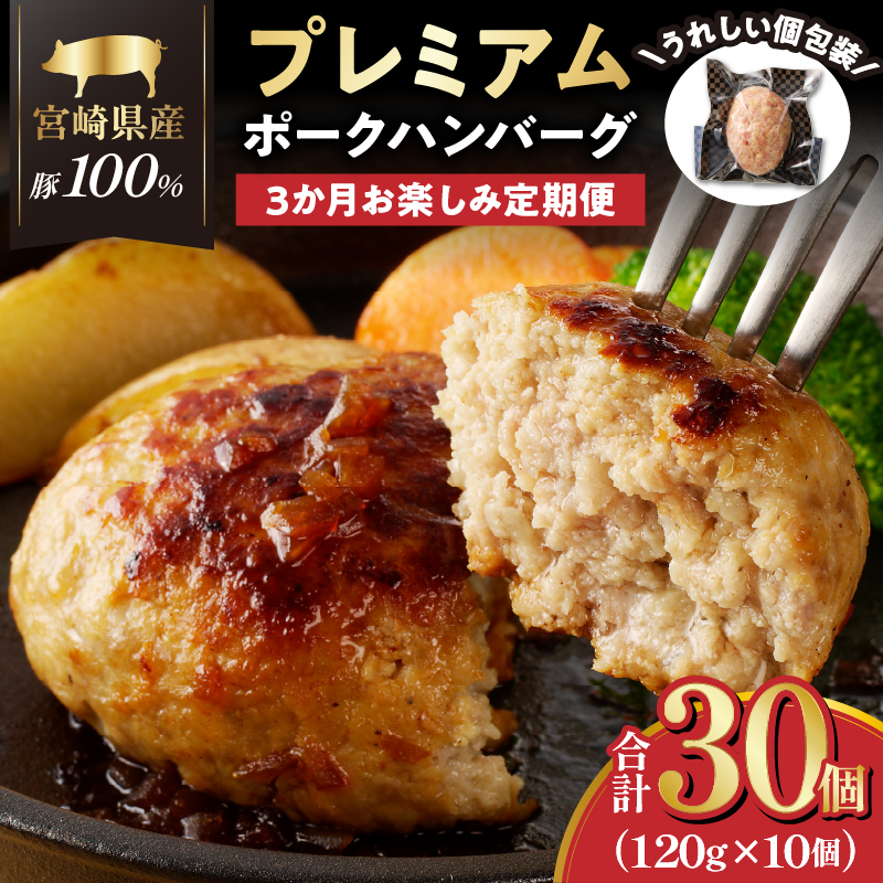 ≪3か月お楽しみ定期便≫宮崎県産豚プレミアムハンバーグ(合計30個) _T001-0171 【肉 豚肉 加工品 国産 人気 ギフト 食品 おかず 自家製 お土産 贈り物 送料無料 プレゼント】