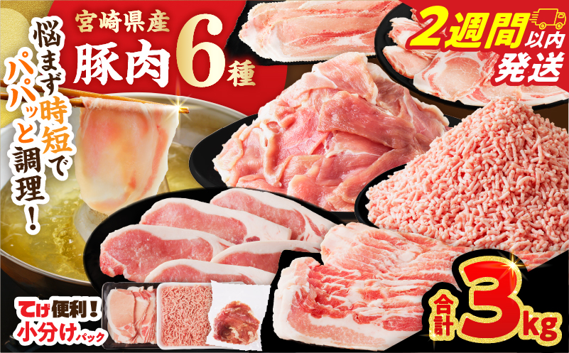 【2週間以内発送】≪宮崎県産≫豚肉6種＼てげスゲーセット／合計3kg 肉 豚 豚肉 おかず 国産_T009-031-2W【人気 ギフト 食品 お肉 しゃぶしゃぶ 贈り物 お土産 送料無料 プレゼント】