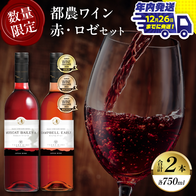 ＼年内発送!!／都農ワイン赤・ロゼ(辛口・甘口)2本セット_T014-035-N【酒 飲料 アルコール 国産 人気 ギフト 食品 お酒 飲み比べ BBQ お土産 贈り物 送料無料 プレゼント】