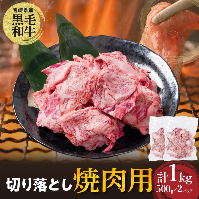 【2週間以内発送】宮崎県産黒毛和牛切り落とし(焼肉用)計1kg_T023-0171【肉 牛 牛肉 国産 人気 ギフト おかず 食品 お肉 おかず BBQ 贈り物 送料無料 プレゼント】