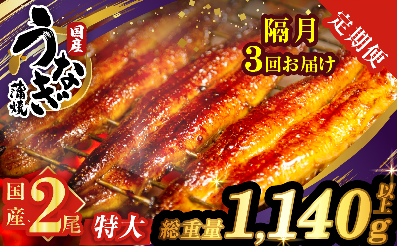 【3回隔月定期便】うなぎ蒲焼特大2尾(さんしょう・たれ付き)総重量1140g以上_T026-0061-K【鰻 魚 魚介 加工品 国産 人気 ギフト 食品 おかず 惣菜 高級 お土産 贈り物 送料無料 プレゼント】