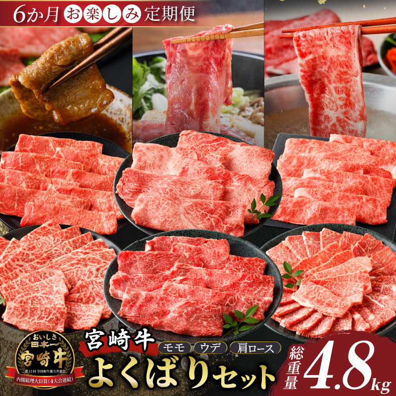 6か月お楽しみ定期便『宮崎牛よくばりセット』総重量4.8kg_T030-1843【肉 牛 牛肉 おかず 国産 人気 ギフト 食品 すき焼き しゃぶしゃぶ 焼肉 BBQ 送料無料 プレゼント】