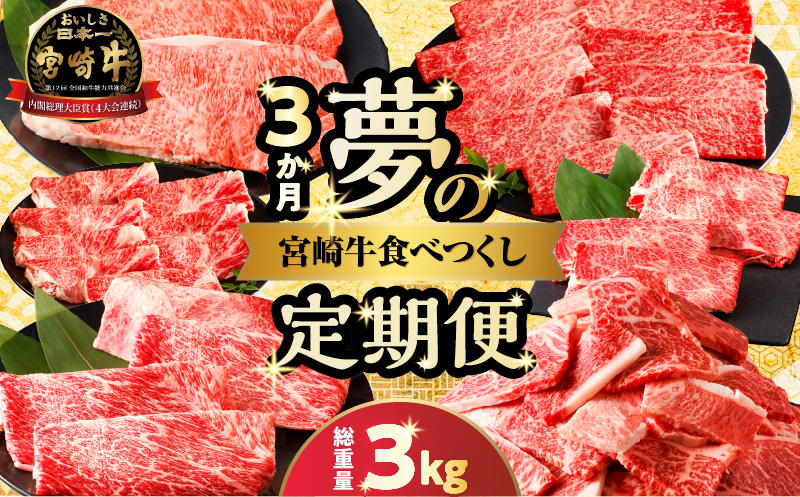 ≪3か月定期便≫夢の宮崎牛食べつくしセット(総重量3kg)_T030-067[都農町新着 肉 牛 牛肉 おかず 国産 人気 ギフト 食品 すき焼き しゃぶしゃぶ 焼肉 BBQ 送料無料 プレゼント]