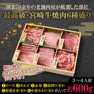 宮崎牛！特選！食べ比べ焼肉6種盛り(合計600g)国産 宮崎県産 牛肉 お肉 ロース カルビ 赤身 特選赤身 霜降り 中落ちカルビ 冷凍【AP-14】【日向屋】