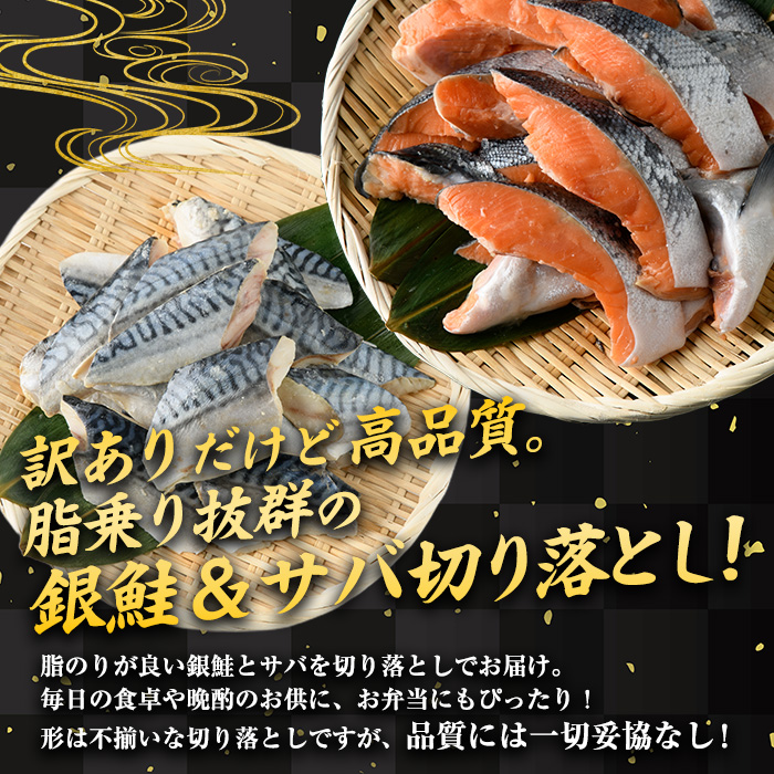 ＜訳あり＞ 甘塩 銀鮭と骨取りサバの切り落としセット(合計1kg・500g×各1袋) 甘塩 小分け 切り身 鯖 さば 骨なし 骨取り済 さけ 鮭 しゃけ  鮭切身 カット済 簡単 魚 海鮮  お弁当 おかず 【KI-25】【イチマル食品加工】