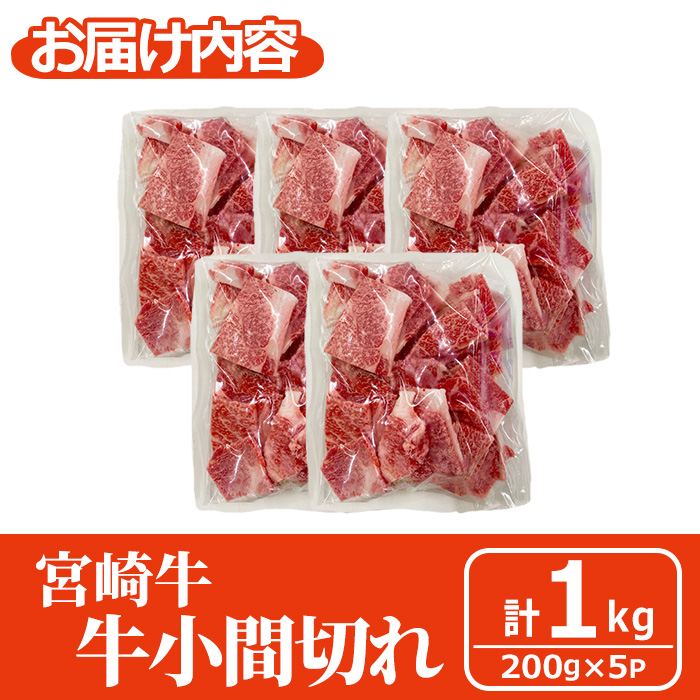 宮崎牛 小間切れ (計1kg・200g×5) 牛肉 精肉 お肉 黒毛和牛 ブランド和牛 切り落とし こま肉お取り寄せ 冷凍 国産 宮崎県 【MA-11】【株式会社マルミヤストア】