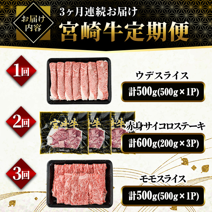 【定期便・全3回(連続)】宮崎牛お楽しみ定期便A すき焼き お肉 牛肉 黒毛和牛 宮崎牛 ブランド和牛 冷凍 国産 肩 ウデ モモ 赤身 サイコロ ステーキ スライス 宮崎県産 しゃぶしゃぶ 【YM-18】【YAMATO株式会社】