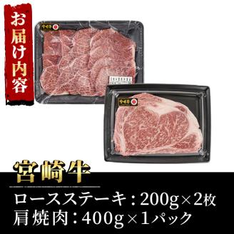 宮崎牛ロースステーキ(400g・200g×2枚)＆宮崎牛肩焼肉(400g)A4 A5 牛肉 精肉  焼肉 お肉 カタ 黒毛和牛 ブランド和牛 お取り寄せ セット 詰め合わせ 詰合せ 食べ比べ 国産 冷凍 BBQ【P-22】【南日本フレッシュフード株式会社(日本ハムマーケティング株式会社)】