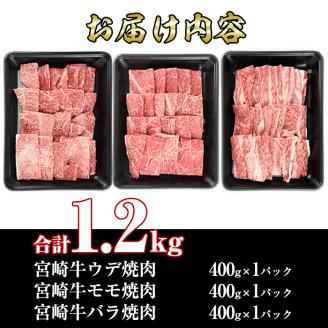 宮崎牛焼肉セット(合計1.2kg・ウデ焼肉400g、モモ焼肉400g、バラ焼肉400g)国産 九州産 宮崎県産 牛肉 黒毛和牛 和牛 焼き肉 霜降り 食べ比べ セット 冷凍 バーベキュー【R-55】【ミヤチク】