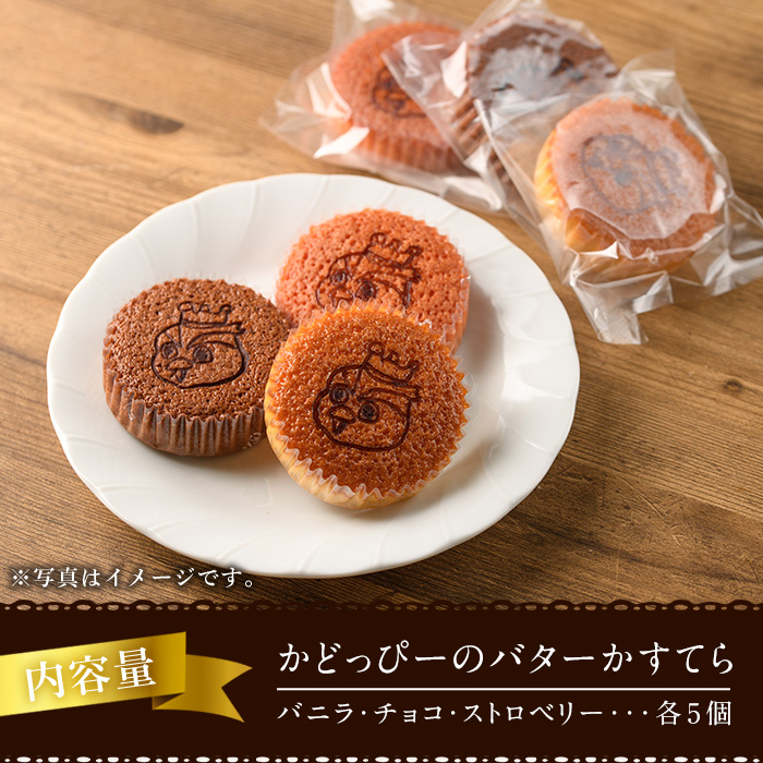 かどっぴーのバターかすてら3種セット(合計15個・バニラ、チョコ、ストロベリー各5個)バターカステラ 食べ比べ お茶請け お茶菓子 手土産 おやつ スイーツ 洋菓子 お菓子 焼菓子 贈答用 ギフト 個包装 ゆるキャラ 宮崎県 門川町【H-1】【松月堂】