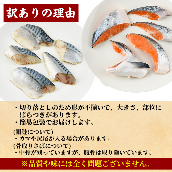 ＜訳あり＞ 甘塩 銀鮭と骨取りサバの切り落としセット(合計1kg・500g×各1袋) 甘塩 小分け 切り身 鯖 さば 骨なし 骨取り済 さけ 鮭 しゃけ  鮭切身 カット済 簡単 魚 海鮮  お弁当 おかず 【KI-25】【イチマル食品加工】