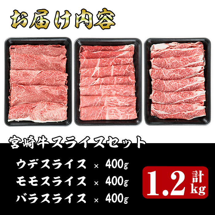 宮崎牛スライス(ウデ・モモ・バラ)セット(合計1.2kg・各400g)国産 宮崎県産 牛肉 お肉 黒毛和牛 しゃぶしゃぶ すき焼き 炒めもの 冷凍【R-54】【ミヤチク】