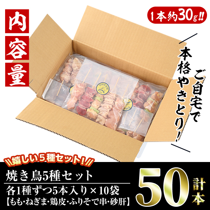 ＜訳あり・簡易包装＞ 焼き鳥 5種 食べ比べ セット(合計50本・5種各10本)国産 鶏肉 モモ ねぎま 鶏皮 ふりそで 砂肝 やきとり 小分け おつまみ おかず BBQ 串 宮崎県 門川町【V-16】【味鶏フーズ 株式会社】