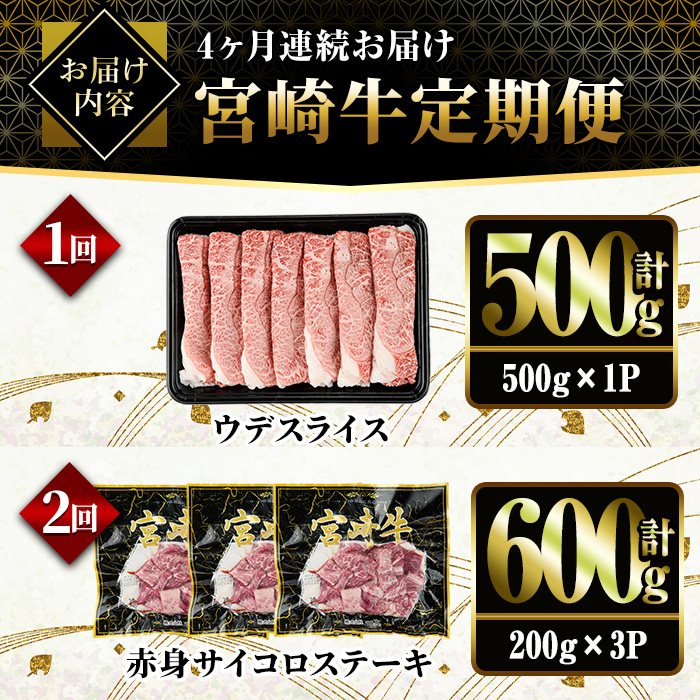【定期便・全4回(連続)】宮崎牛スペシャル定期便A すき焼き お肉 牛肉 黒毛和牛 宮崎牛 ブランド和牛 冷凍 国産 肩 ウデ モモ 赤身 サイコロ ステーキ スライス 宮崎県産 しゃぶしゃぶ 【YM-17】【YAMATO株式会社】